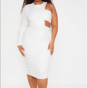 One sleeve off white midi dress